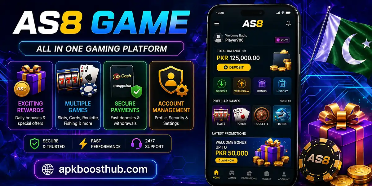 AS8 Game features including rewards gaming categories and account tools