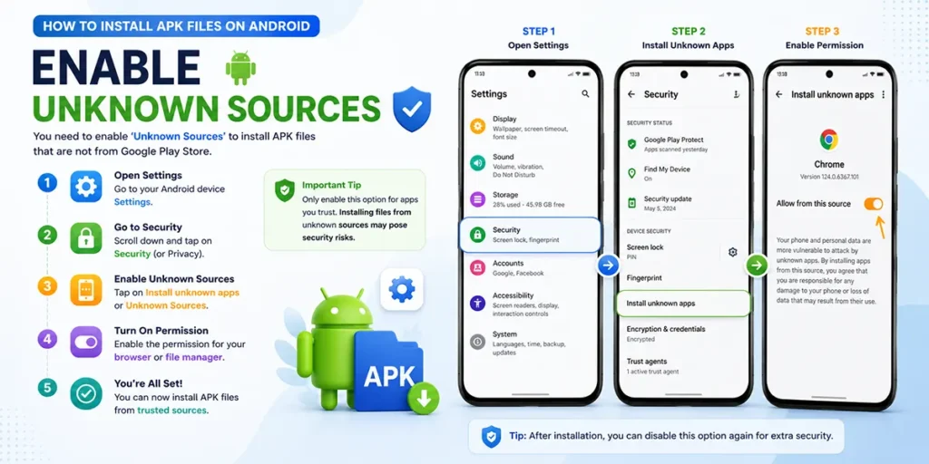 Enable unknown sources settings on Android device