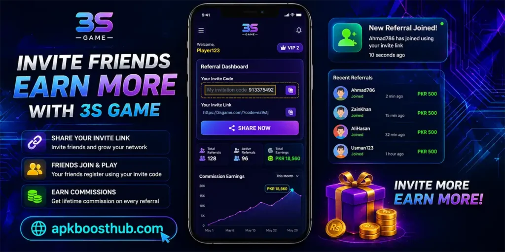 3S Game invite link dashboard with referral tracking and commission earnings