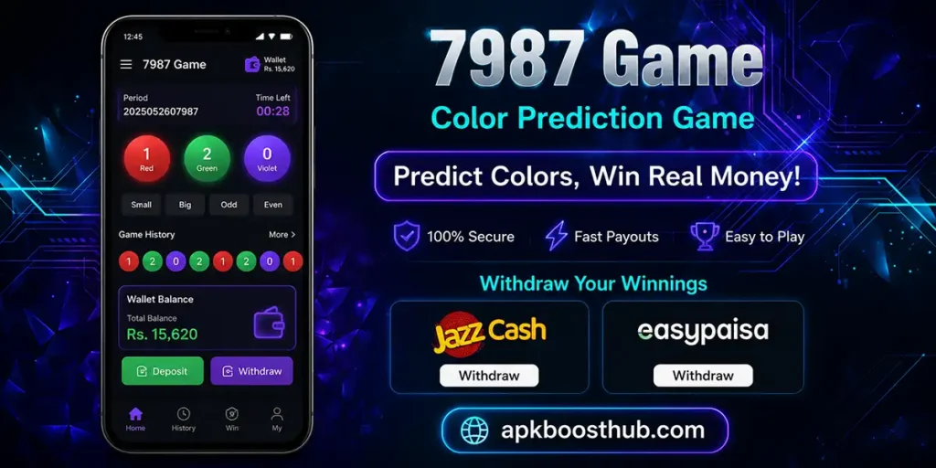 7987 game APK interface showing color prediction dashboard and JazzCash withdrawal option in Pakistan