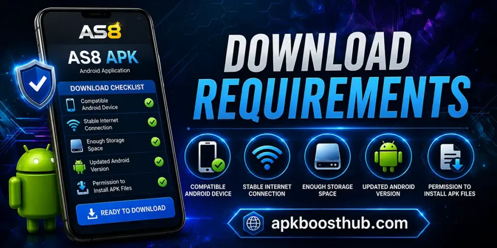 AS8 APK download requirements including Android compatibility storage and internet connection