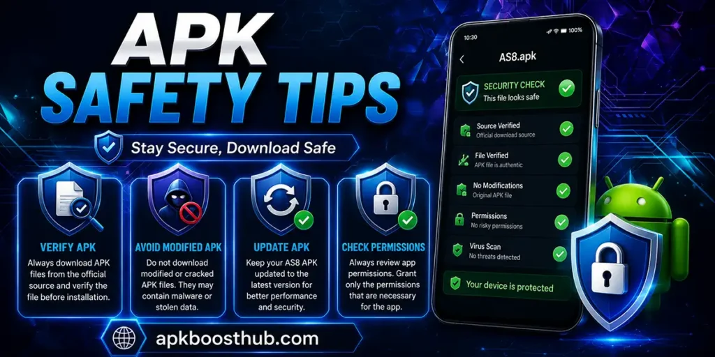 AS8 APK safety tips including verification updates and permission checks