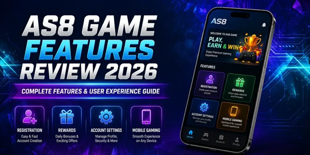 AS8 Game Features Review 2026 showing mobile gaming platform features and user interface