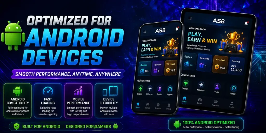 AS8 mobile gaming features optimized for Android smartphones and tablets