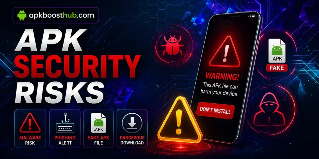 Common APK security risks including malware phishing fake APK files and unsafe downloads
