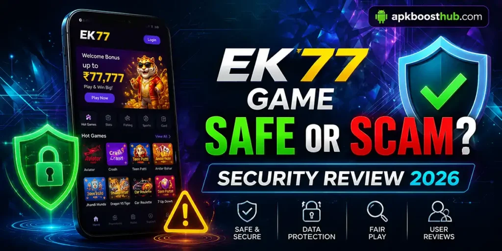 EK77 Game Safe or Scam security review showing Android smartphone and cybersecurity protection