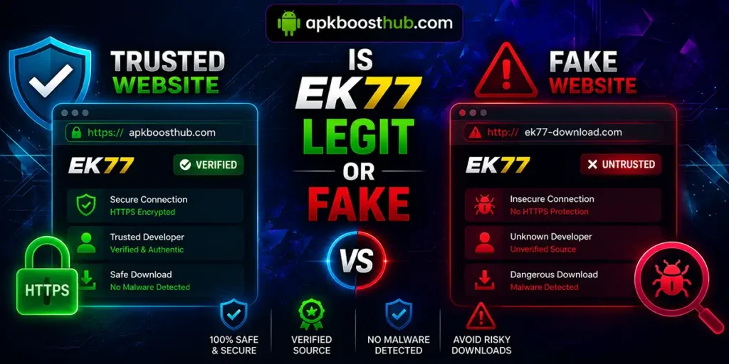 EK77 Legit or Fake comparison showing trusted APK sources versus unsafe download websites