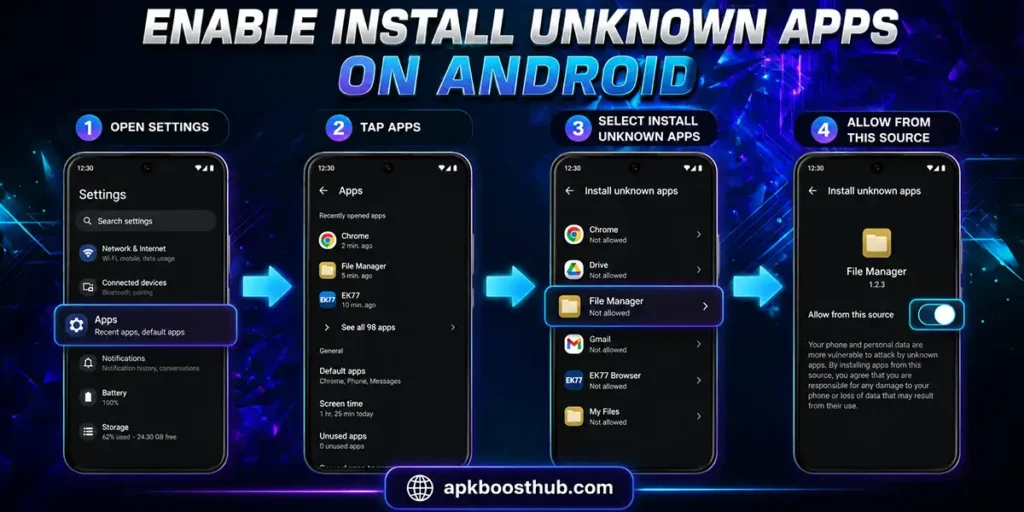 Enable Install Unknown Apps setting on Android for APK installation