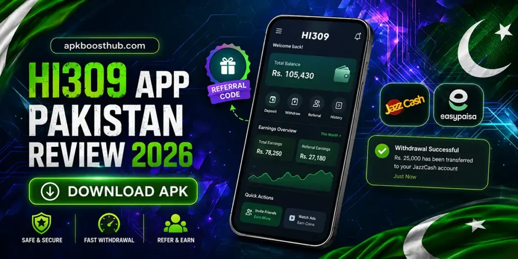 HI309 App Pakistan review showing APK download referral code and withdrawal process in 2026
