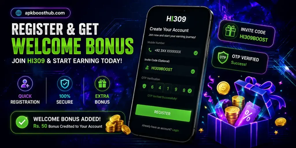 HI309 bonus signup 2026 showing referral code registration and welcome bonus activation