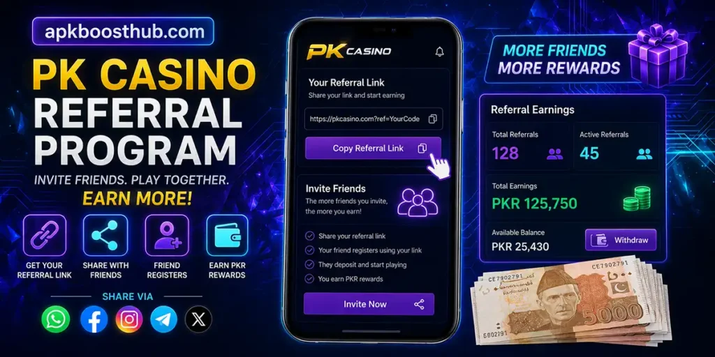 PK Casino referral dashboard showing invite link and earnings