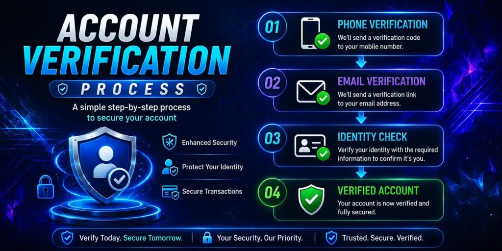 S98 account verification process showing phone email and identity verification