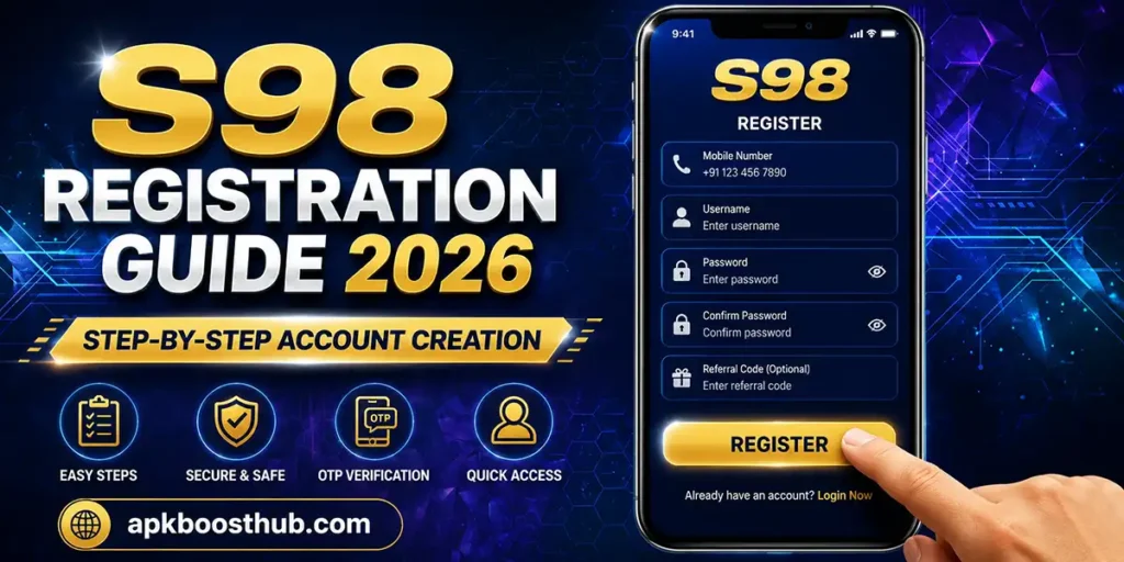 S98 Registration Guide 2026 showing step by step account creation process