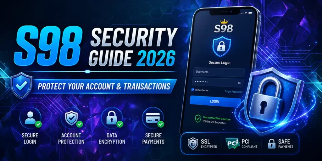S98 Security Guide 2026 showing secure login protection account security and safe transactions